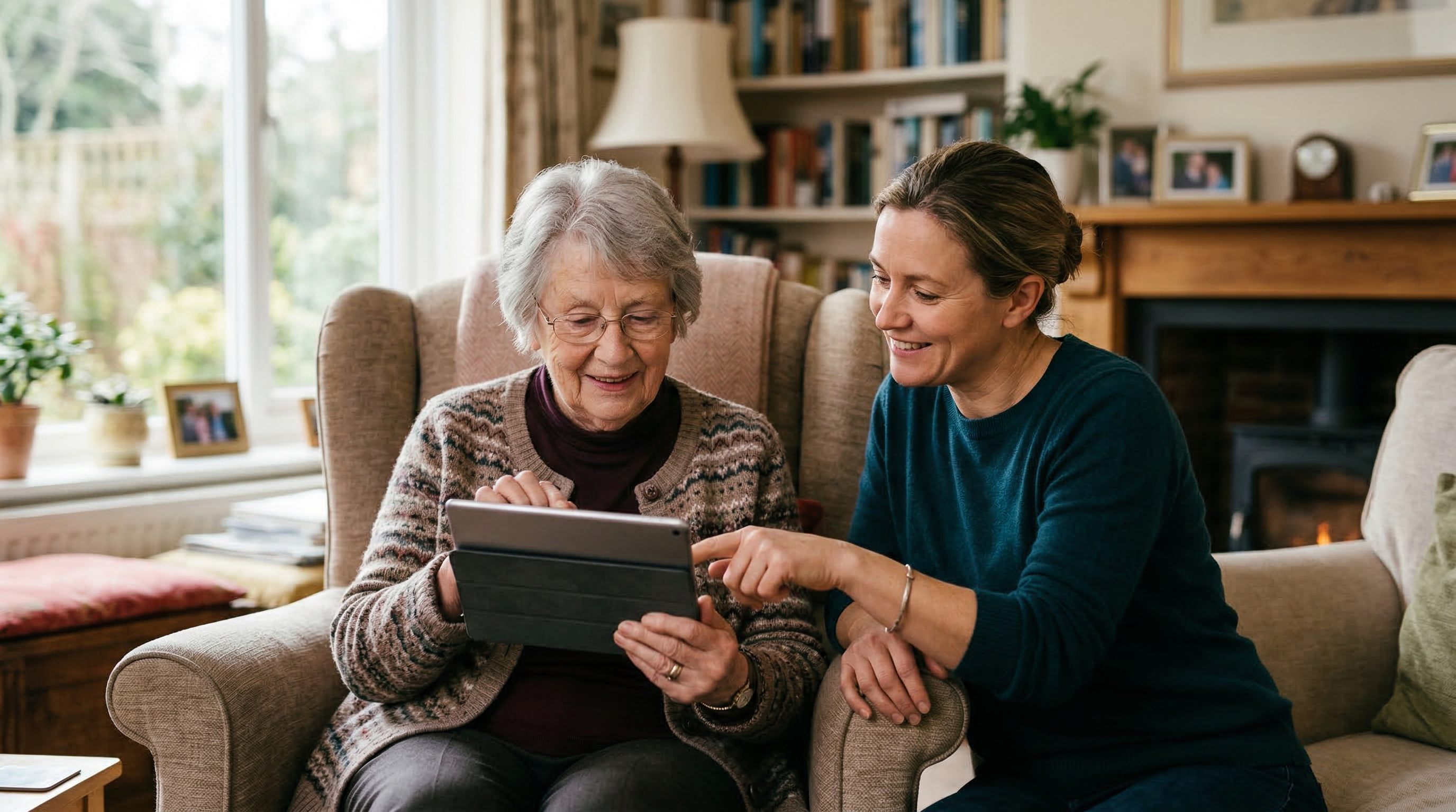 An elderly woman and her daughter looking at a tablet together in a cosy British living room
